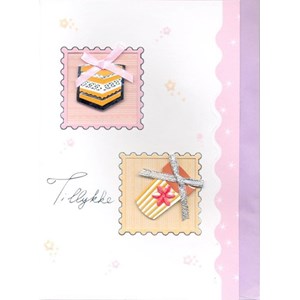 Lilje-kort, 3D, "Til lykke", rosa kort m/gav