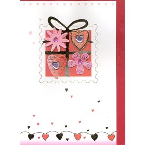 Lilje-kort, 3D, hvitt kort m/rød gave og hjerter