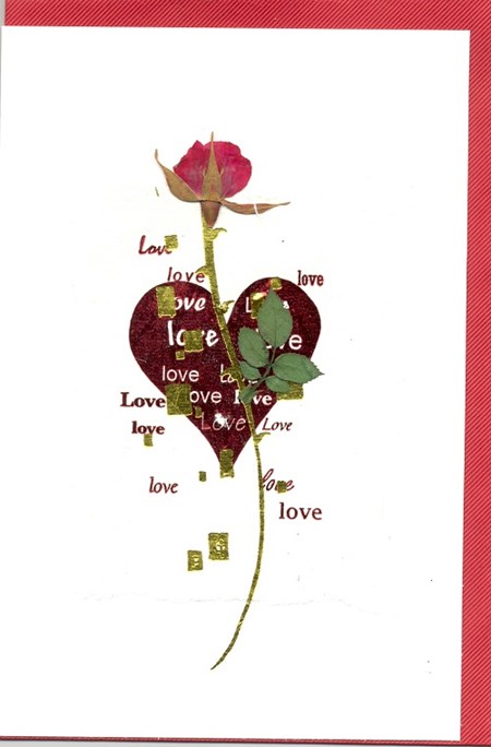 Real Flowers, "Love with Red Heart", Handmade Card