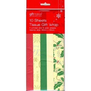 "10 Sheets Tissue Gift Wrap", 4 printed & 6