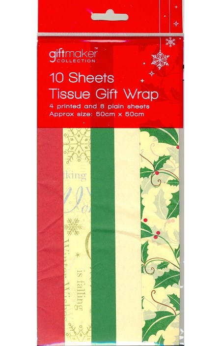"10 Sheets Tissue Gift Wrap", 4 printed & 6