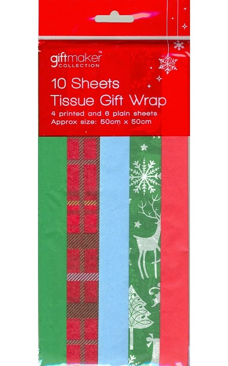 "10 Sheets Tissue Gift Wrap", 4 printed & 6