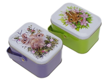 "Karli & Hopsi" Rektangulær metallboks m/hank, 2 ass.